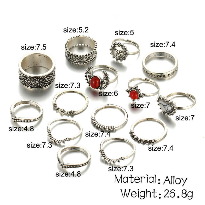 Red And White Turquoise 14-Piece Combination Ring Set