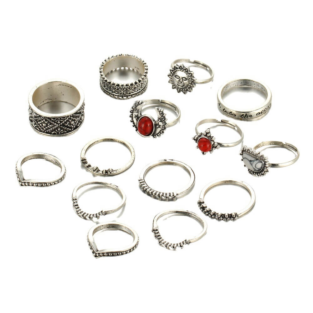 Red And White Turquoise 14-Piece Combination Ring Set