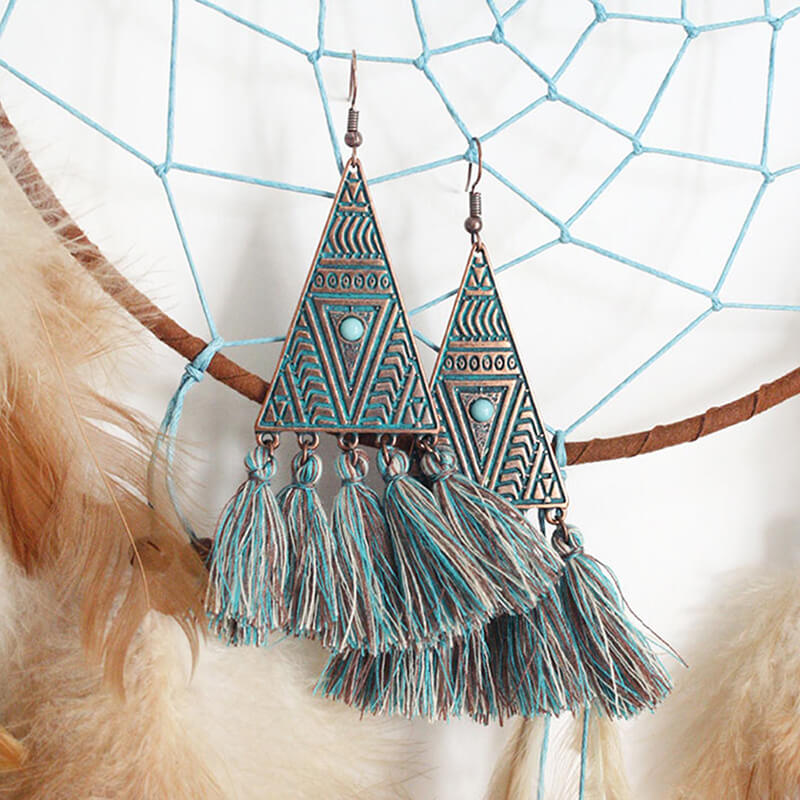 Vintage Tassel Bohemian Triangle Sterling Silver Earrings