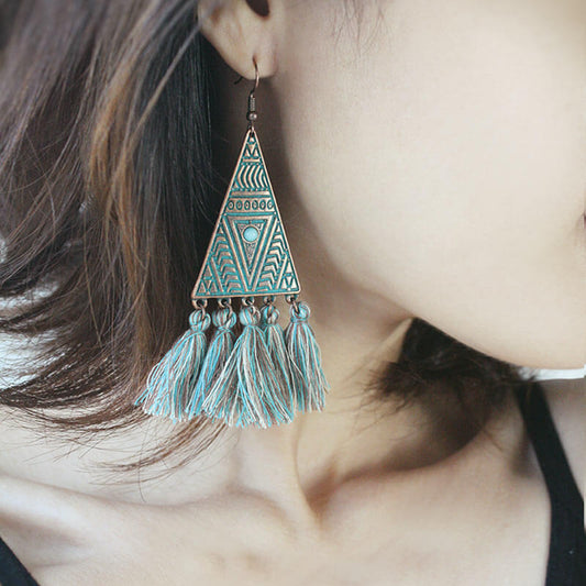 Vintage Tassel Bohemian Triangle Sterling Silver Earrings