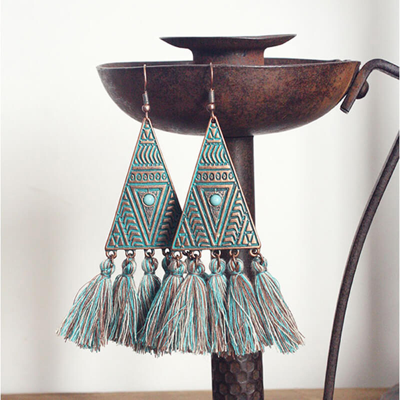 Vintage Tassel Bohemian Triangle Sterling Silver Earrings